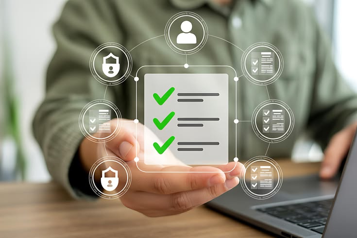 Professional reviewing workplace audit documentation on a digital dashboard